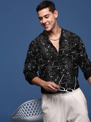 men's mandarin collar abstract black slim fit shirt 1