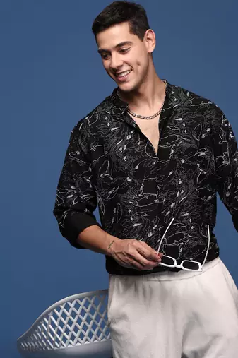men's mandarin collar abstract black slim fit shirt