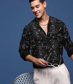 men's mandarin collar abstract black slim fit shirt
