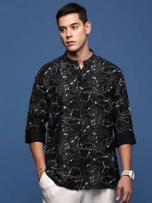 men's mandarin collar abstract black slim fit shirt 2