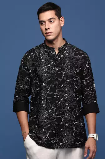 men's mandarin collar abstract black slim fit shirt
