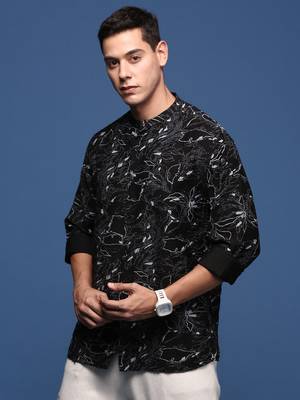 men's mandarin collar abstract black slim fit shirt 3