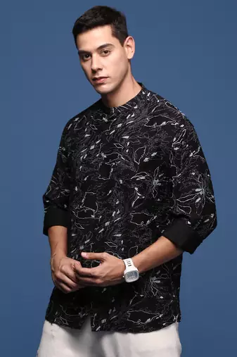 men's mandarin collar abstract black slim fit shirt