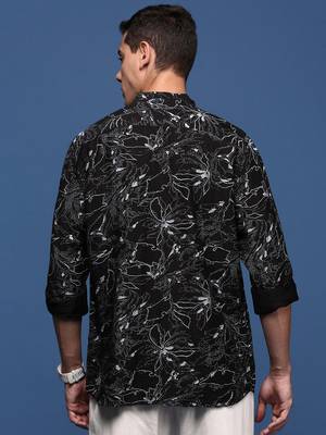 men's mandarin collar abstract black slim fit shirt 4