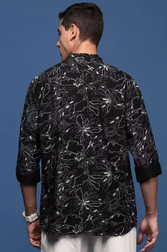 men's mandarin collar abstract black slim fit shirt