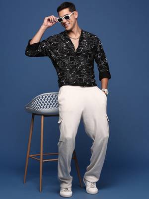 men's mandarin collar abstract black slim fit shirt 5