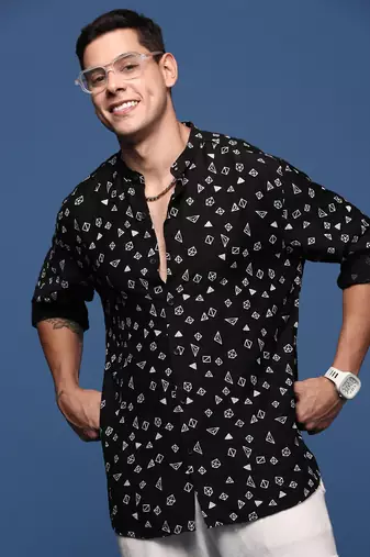 men's mandarin collar geometric black slim fit shirt