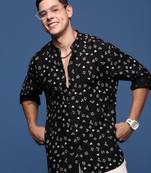 men's mandarin collar geometric black slim fit shirt