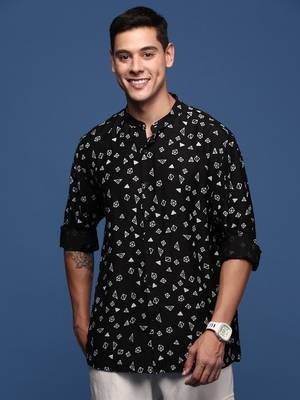 men's mandarin collar geometric black slim fit shirt 2