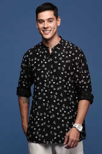 men's mandarin collar geometric black slim fit shirt