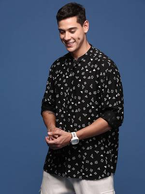 men's mandarin collar geometric black slim fit shirt 3