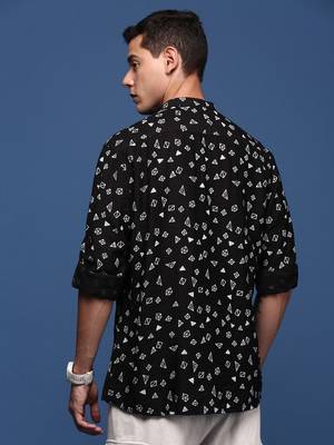 men's mandarin collar geometric black slim fit shirt 4