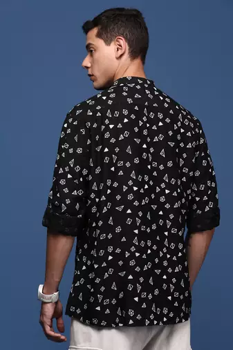 men's mandarin collar geometric black slim fit shirt