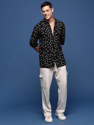 men's mandarin collar geometric black slim fit shirt 5