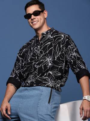 men's mandarin collar floral black slim fit shirt 1