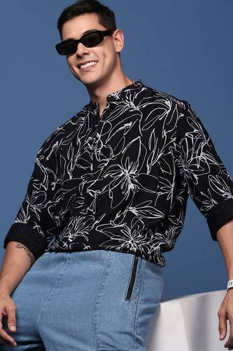 men's mandarin collar floral black slim fit shirt
