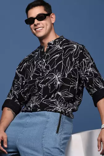 men's mandarin collar floral black slim fit shirt