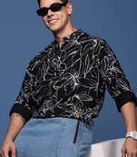 men's mandarin collar floral black slim fit shirt