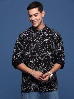 men's mandarin collar floral black slim fit shirt 2