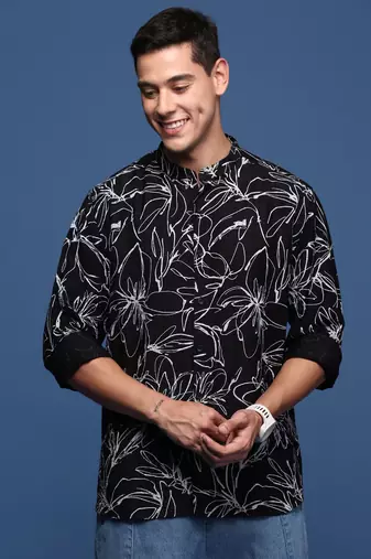 men's mandarin collar floral black slim fit shirt