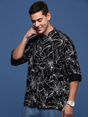 men's mandarin collar floral black slim fit shirt 3