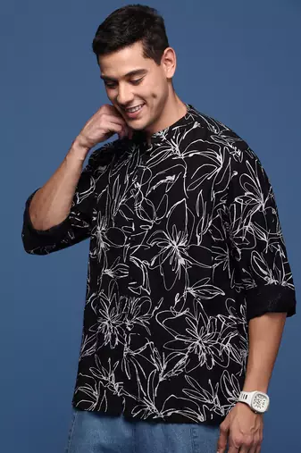 men's mandarin collar floral black slim fit shirt