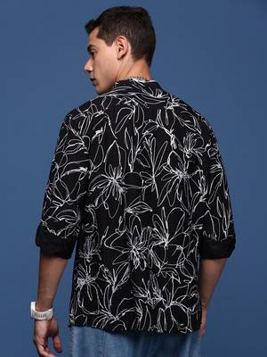 men's mandarin collar floral black slim fit shirt 4