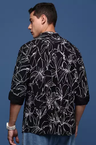 men's mandarin collar floral black slim fit shirt