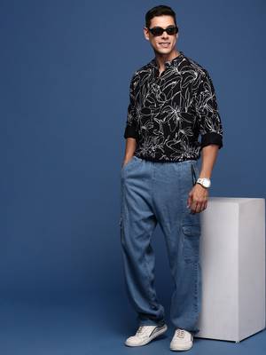 men's mandarin collar floral black slim fit shirt 5