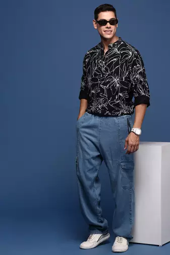 men's mandarin collar floral black slim fit shirt