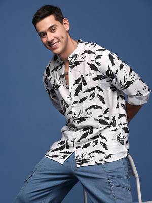 men's mandarin collar abstract white slim fit shirt 1