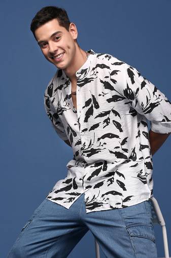 men's mandarin collar abstract white slim fit shirt