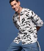 men's mandarin collar abstract white slim fit shirt