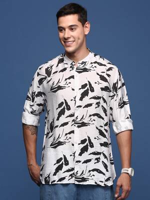 men's mandarin collar abstract white slim fit shirt 2