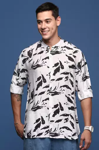 men's mandarin collar abstract white slim fit shirt
