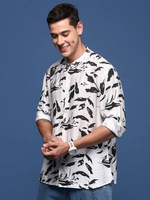 men's mandarin collar abstract white slim fit shirt 3