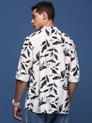men's mandarin collar abstract white slim fit shirt 4