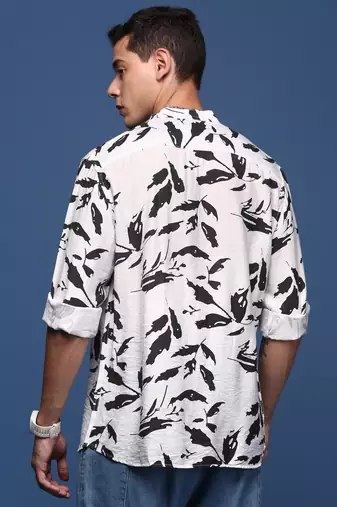 men's mandarin collar abstract white slim fit shirt
