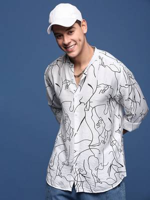 men's mandarin collar abstract white slim fit shirt 1