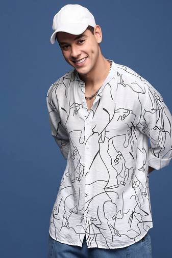 men's mandarin collar abstract white slim fit shirt