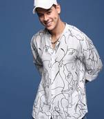 men's mandarin collar abstract white slim fit shirt