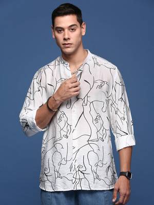 men's mandarin collar abstract white slim fit shirt 2