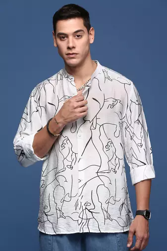 men's mandarin collar abstract white slim fit shirt