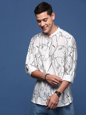 men's mandarin collar abstract white slim fit shirt 3
