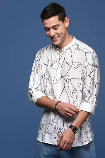 men's mandarin collar abstract white slim fit shirt