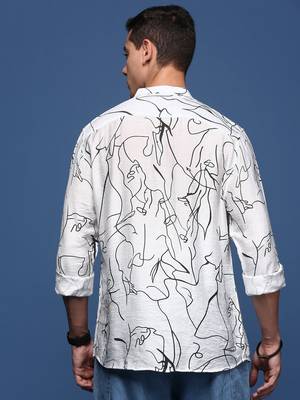 men's mandarin collar abstract white slim fit shirt 4
