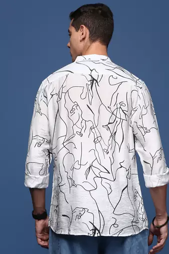 men's mandarin collar abstract white slim fit shirt