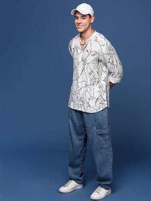 men's mandarin collar abstract white slim fit shirt 5