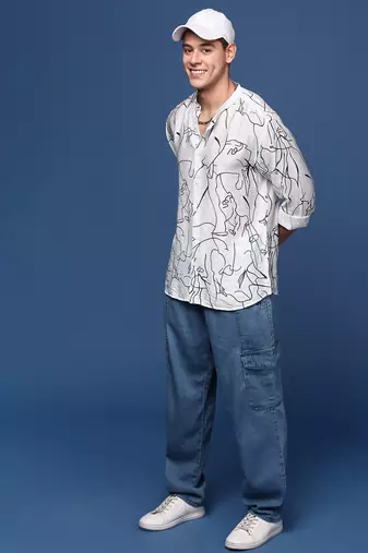 men's mandarin collar abstract white slim fit shirt