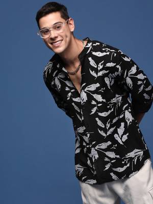 men's mandarin collar abstract black slim fit shirt 1